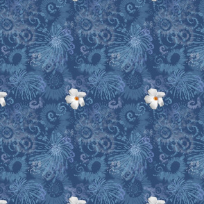 7x9-Inch Repeat of Dark Blue Tie Dye with White Flowers