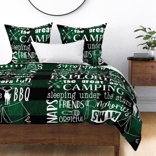 Camping Subway Art Green Buffalo Plaid Minky Blanket 54x72 inches