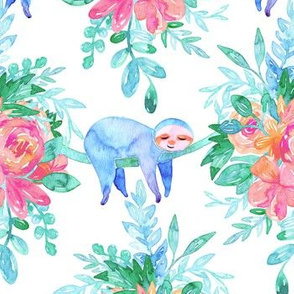 Lush Watercolor Floral with Sleepy Purple Sloths