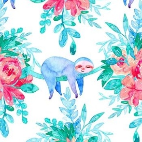 Lush Watercolor Floral with Lazy Sloths