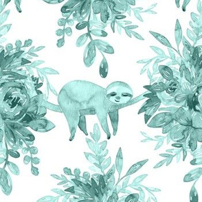 Sage Green Watercolor Floral with Sleepy Sloths 