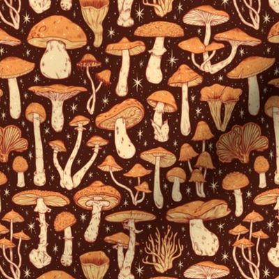 Deadly Mushrooms Orange on Brown 1/2 Size