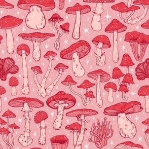 Deadly Mushrooms Red on Pink 1/2 Size 