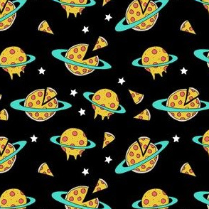 SMALL pizza planet fabric - pizza planet, pizza fabric, planet fabric, space fabric, cute kids fabric, novelty fabric - andrea lauren - black