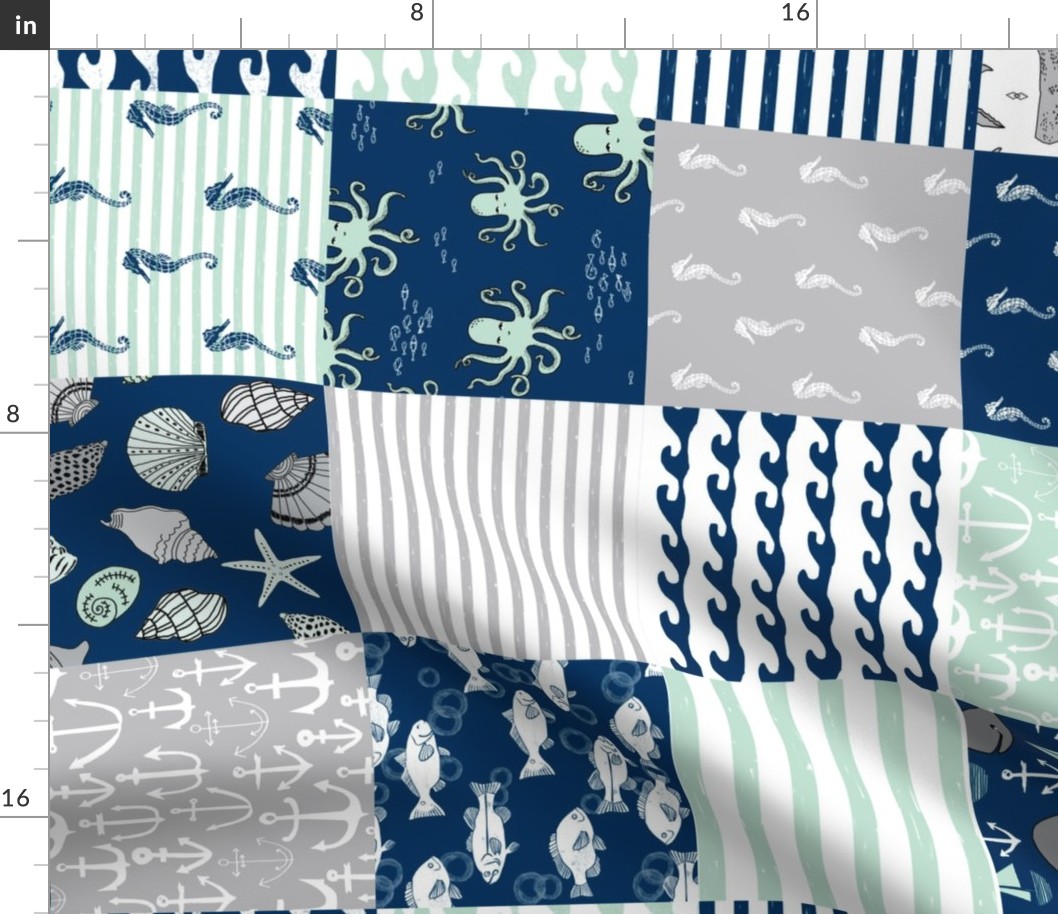nautical cheater quilt // wholecloth navy mint and grey nautical fabric
