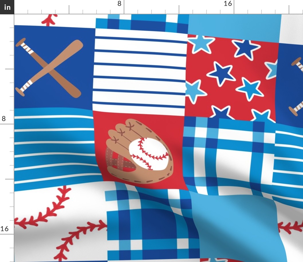 Baseball Gear Red White Blue Wholecloth Cheater Quilt Rotated