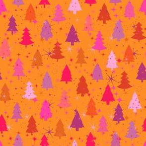Ditsy Douglas Fir Christmas Trees in Mod Orange + Pink Starbursts