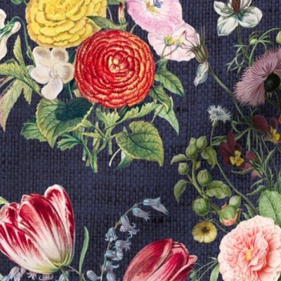 Vintage Floral Arrangements on Blue Linen- large scale