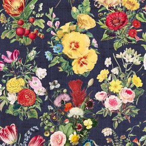 Vintage Floral Arrangements on Blue Linen- large scale
