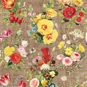 Vintage Floral Arrangements on Burlap- large scale