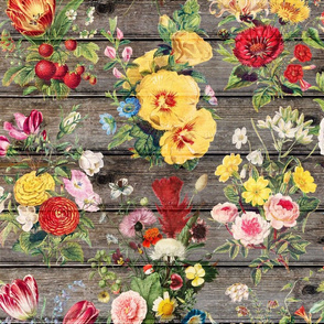 Vintage Floral Arrangements on Dark Wood- large scale