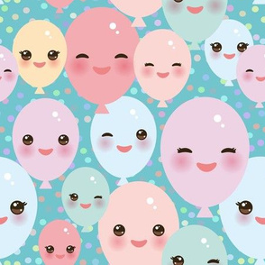 Happy birthday seamless pattern, Kawaii funny balloons pink yellow blue green with pink cheeks and eyes on light blue background illustration