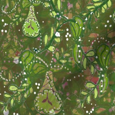 Maximalist Holiday -  Watercolor Batik Effect Fruits Botanical - Maximalist Holiday Challenge  - Green