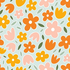 Medium scale. Yellow, orange and pink flowers on mint background