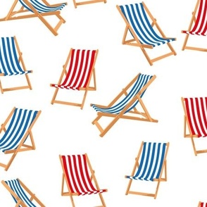 Small Red and Blue Striped Deck Chairs on White Background