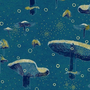 Magic midnight mushrooms on teal blue backround with gold dots and circles (large)