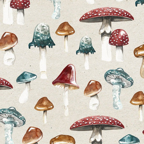 Mushrooms and Toadstool All Over Print Cream Large