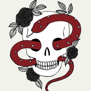 Skulls and Roses - red and black on ivory