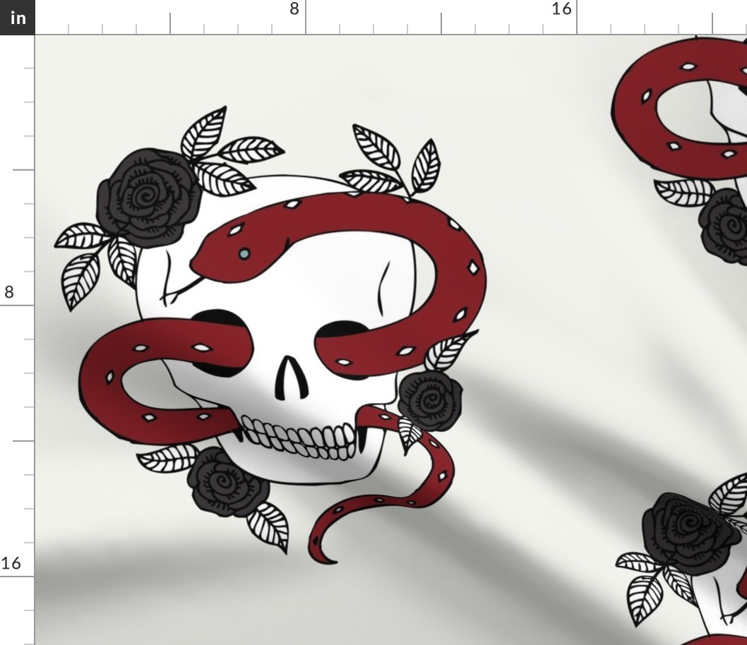 Skulls and Roses - red and black on ivory