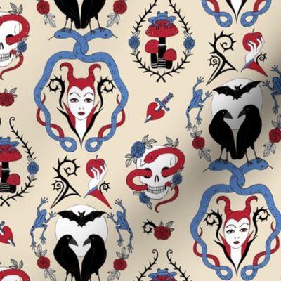 Gothic Damask - tattoo red and blue on cream