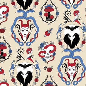 Gothic Damask - tattoo red and blue on cream