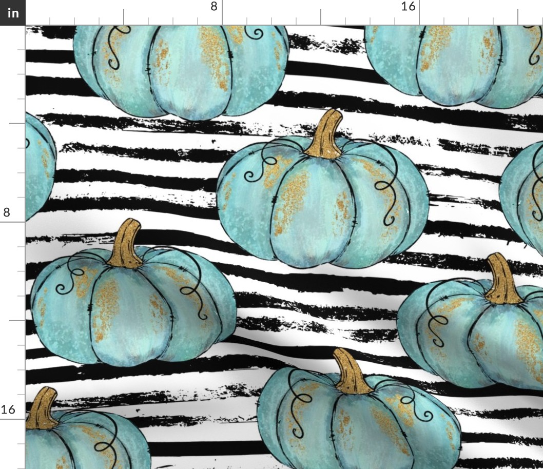 Blue Painted Pumpkins on Distressed Stripe - large scale 