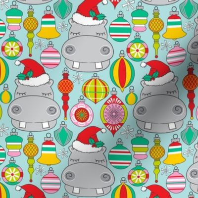 large hippo faces with christmas ornaments on blue