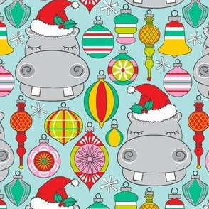 large hippo faces with christmas ornaments on blue