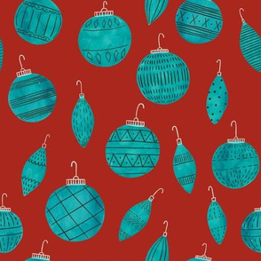 watercolor ornaments teal on red
