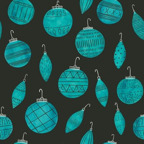 watercolor ornaments - teal on black