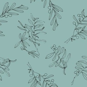 Mid scale Olive drawing sketch teal mint verdigris sage for wallpaper and home decor