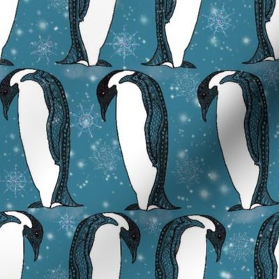 King Penguins marching and drawn doodles  on dark serenity blue with snowflakes . One directional 