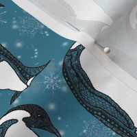 King Penguins marching and drawn doodles  on dark serenity blue with snowflakes . One directional 