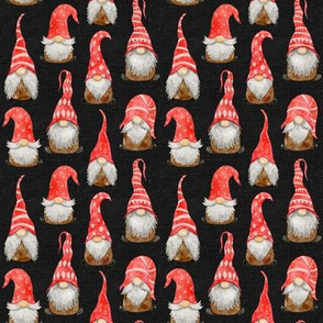 Red Watercolor Christmas Gnomes on grey linen - extra extra small scale