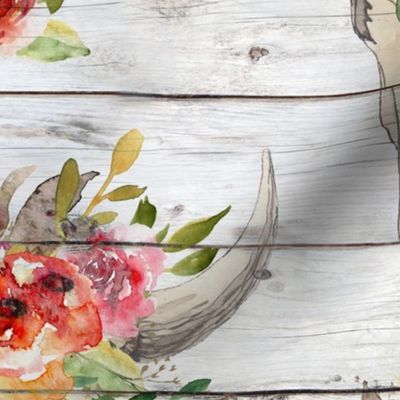 Boho Watercolor Floral Skull on shiplap - large scale