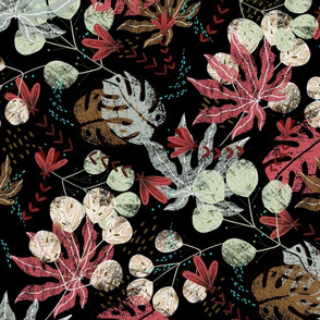 Botanicall leaves Black Background Autumn / Fall color ideal for dresses and home decor