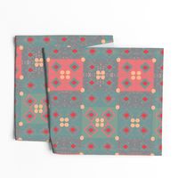 Textured Modern Patchwork Tiles Pattern - Red, Pink Blush, Aqua