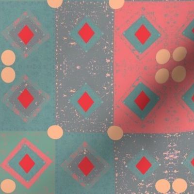 Textured Modern Patchwork Tiles Pattern - Red, Pink Blush, Aqua