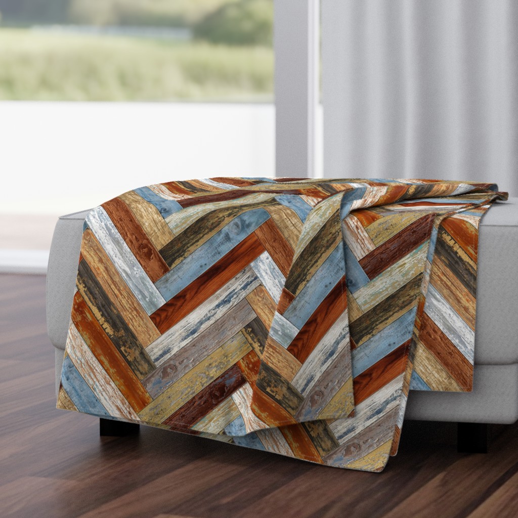 Reclaimed Boat Wood Chevron Tiles Mustard Blue Cream Rust Orange Herringbone