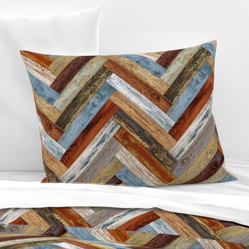 Reclaimed Boat Wood Chevron Tiles Mustard Blue Cream Rust Orange Herringbone