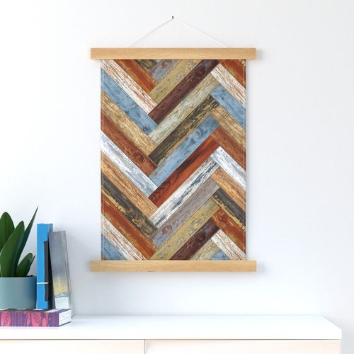 Reclaimed Boat Wood Chevron Tiles Mustard Blue Cream Rust Orange Herringbone