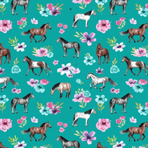 Teal Turquoise Horses and Flowers Large