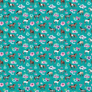 Teal Turquoise Horses and Flowers Small