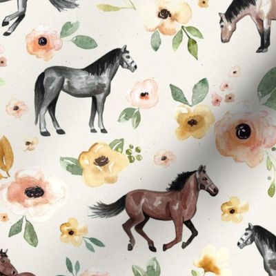 Horses and Flowers on Textured Cream - Large Print