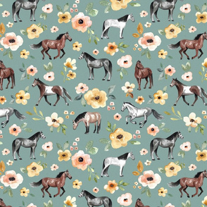 Horses and Flowers on Blue - Large Print