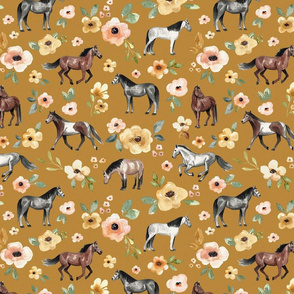 Horses and Flowers on Mustard Yellow - Large Print