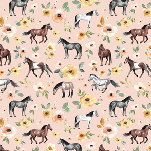 Horses and Flowers on Pink - Large Print