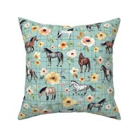 Horses and Flowers on Aqua Blue with Stripes - Large Print