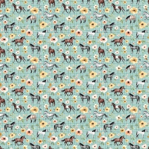 Horses and Flowers on Aqua Blue with Stripes - Small Print