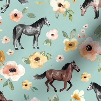 Horses and Flowers on Aqua Blue - Large Print
